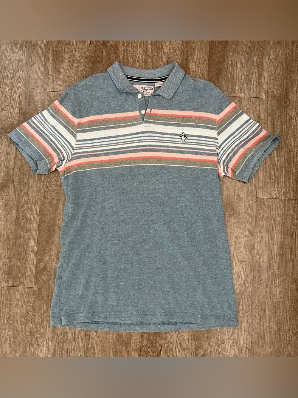 Original Penguin Striped Polo Sz M Blue Coral Organic Cotton Chest Stripe